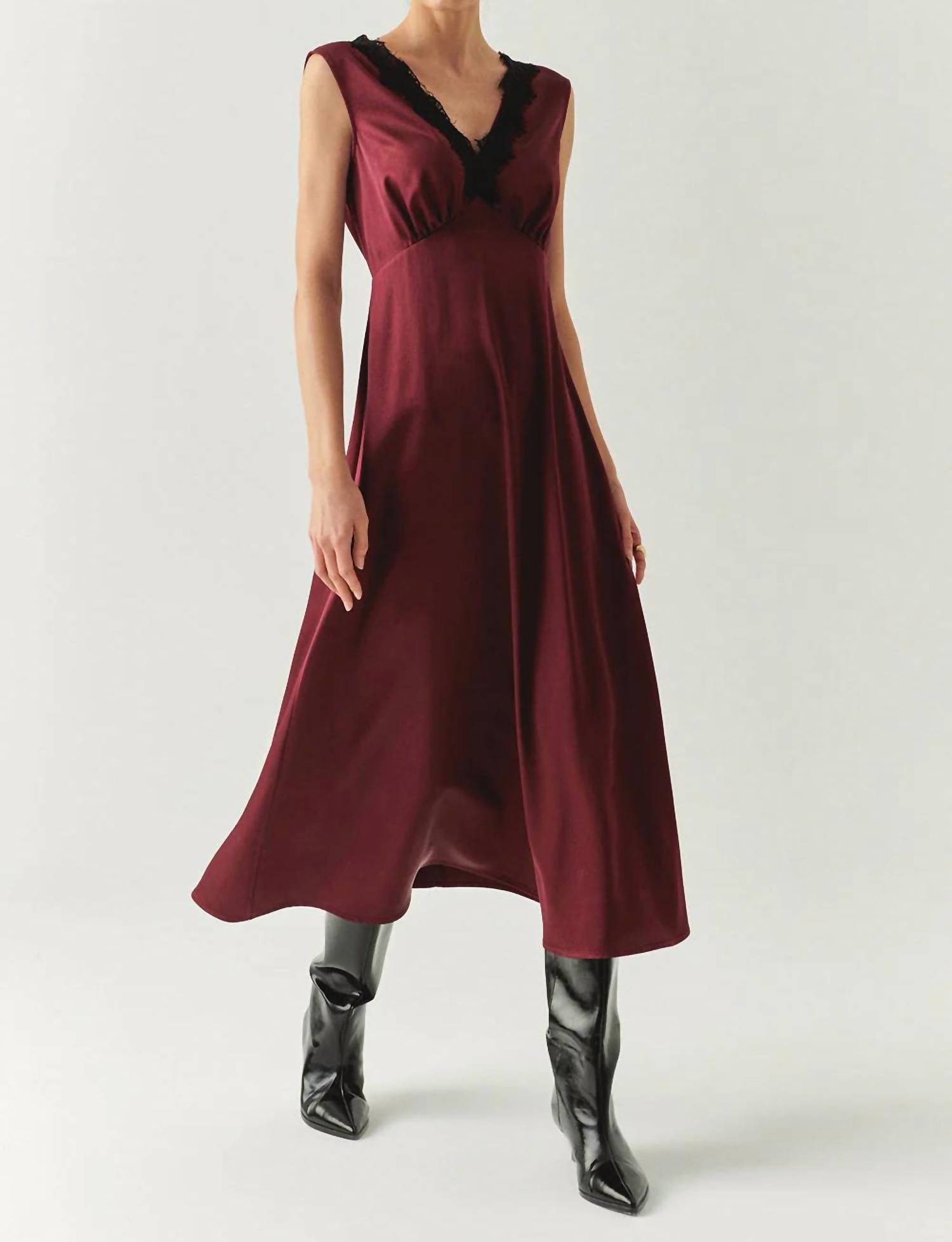Chana Dress Lace Collar Satin Midi Dress In Red