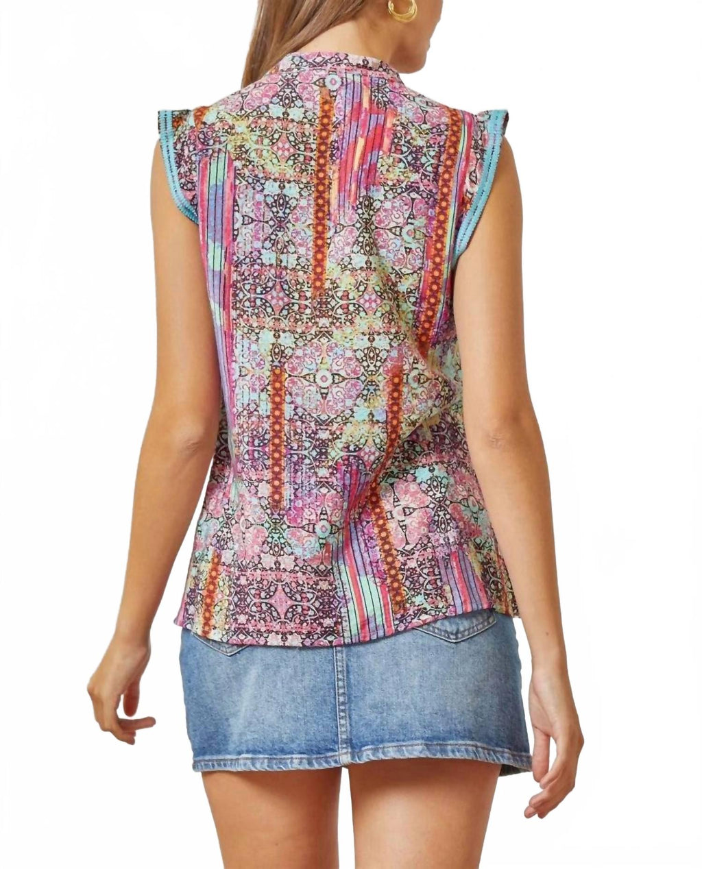 Patchwork Embroidered Cap Sleeve Top In Multi