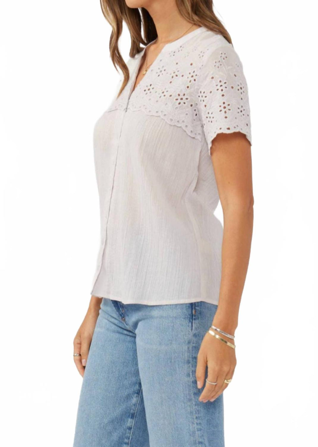 Floral Eyelet Short Sleeve Button Down Blouse In Dove