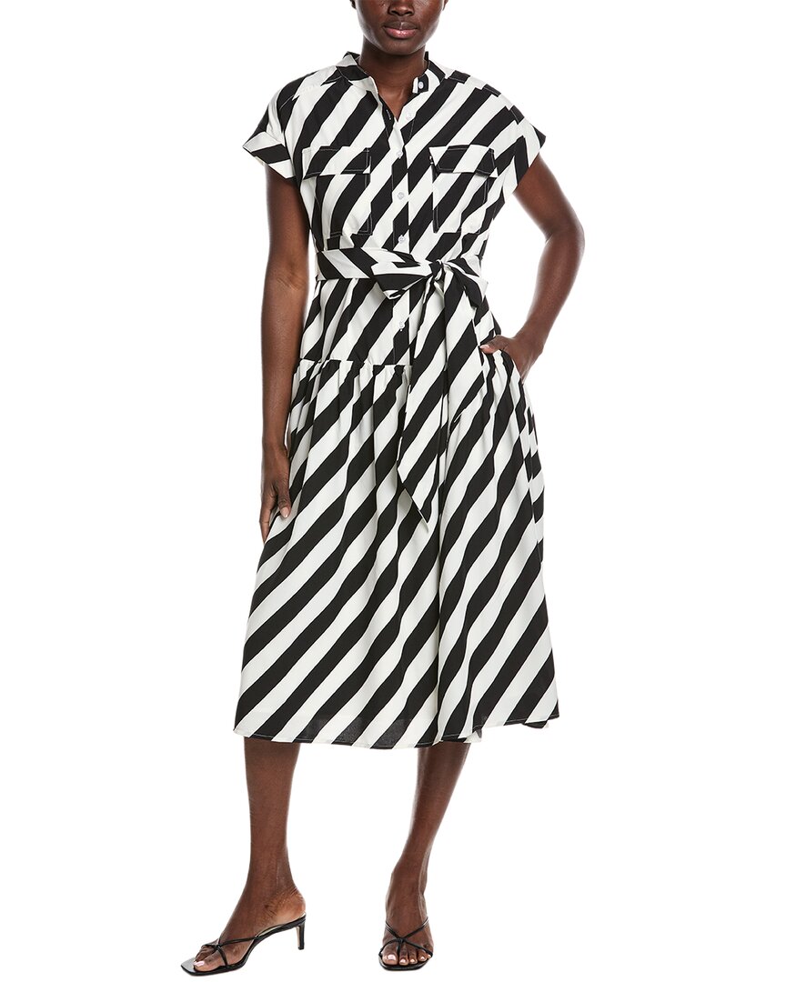 Gracia Stripped Front Pockets Belt Midi Dress