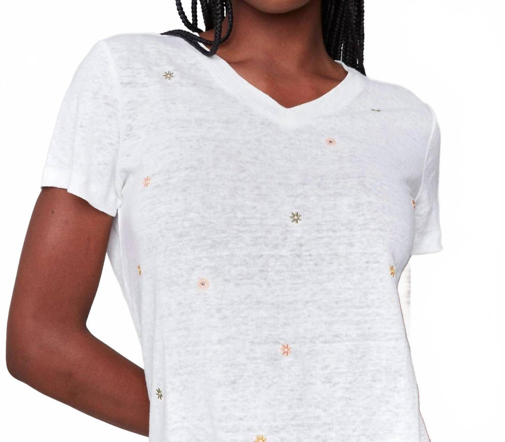 Short Sleeve Tee With Embroidered Flowers In Multi On Natural