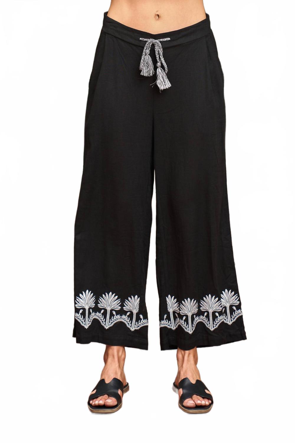 Embroidered Linen Crop Pant In Black