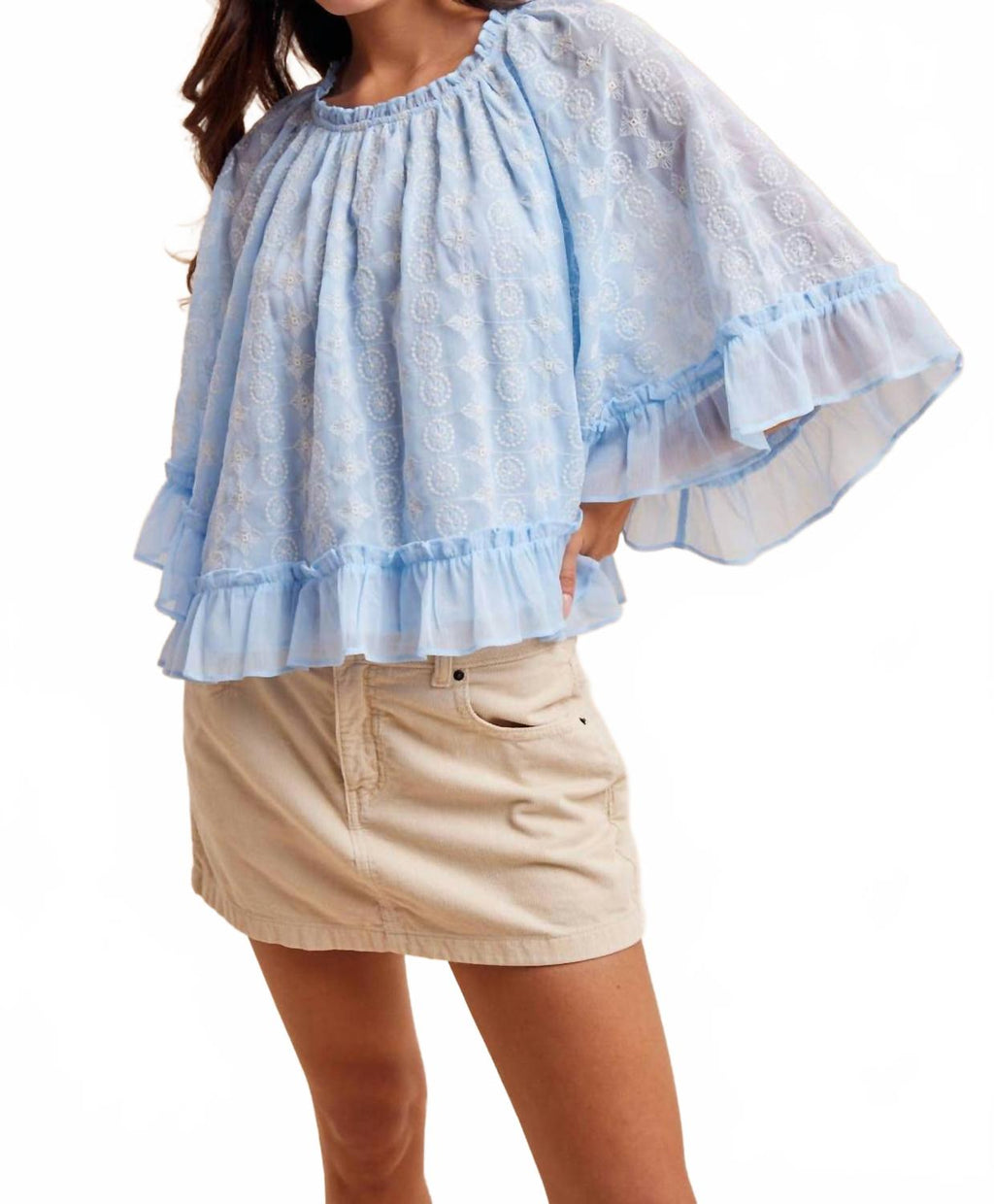 Embroidered Cape Top In Airy Blue