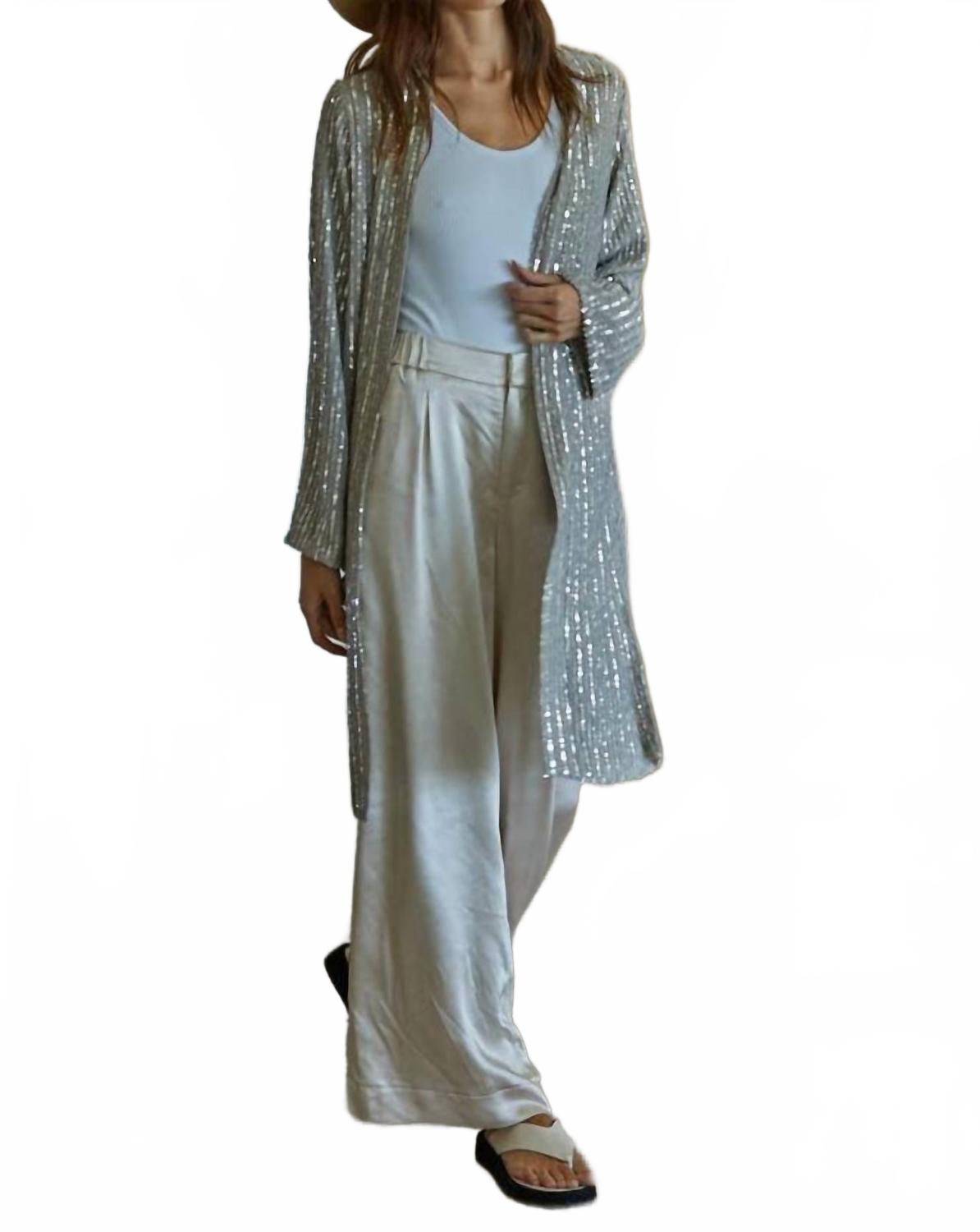 Woven Sequin Open Front Cardigan In Dove Grey