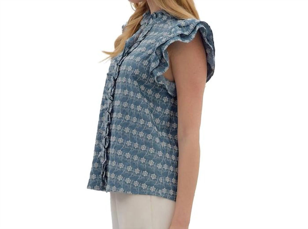 Georgia Flutter Sleeve Top In Embroidered Chambray