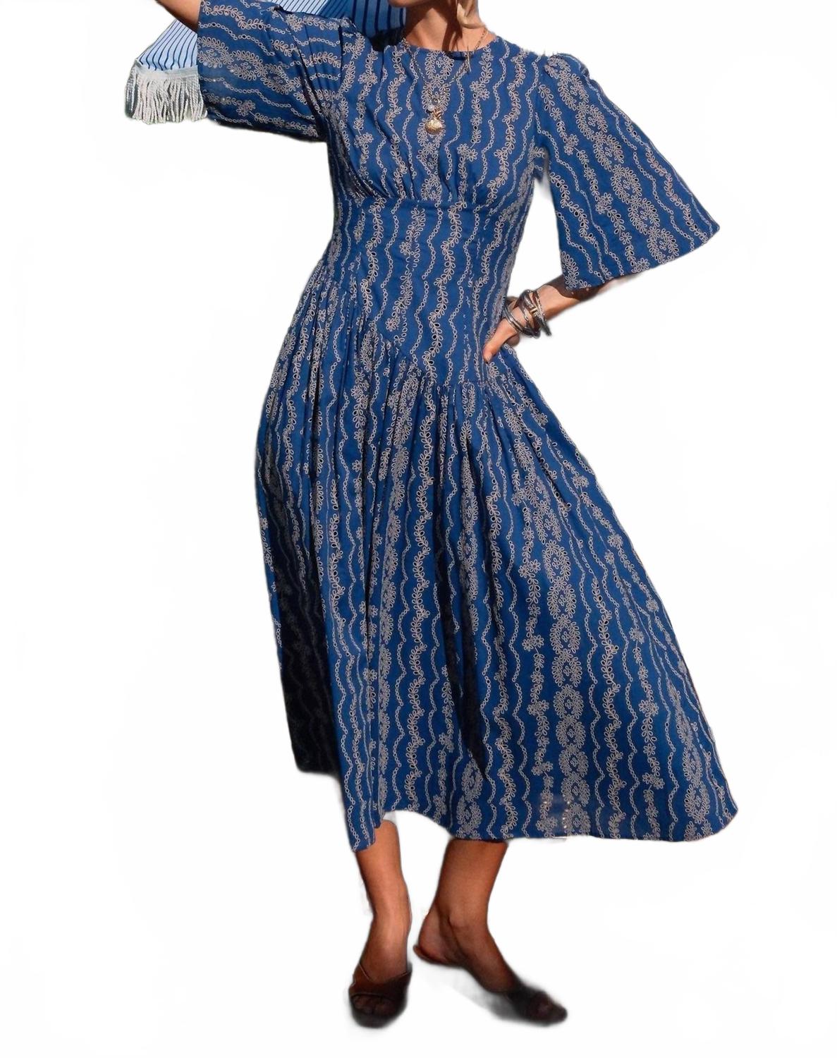 Embroidered Half Sleeve Maxi Dress In Blue
