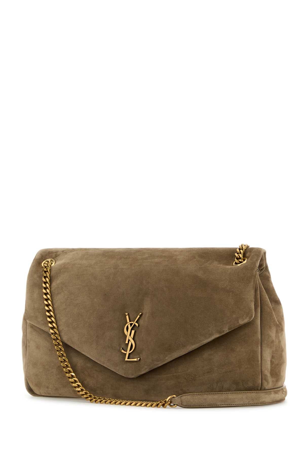 Saint Laurent Women Dove Grey Suede Leather Large Calypso Shoulder Bag