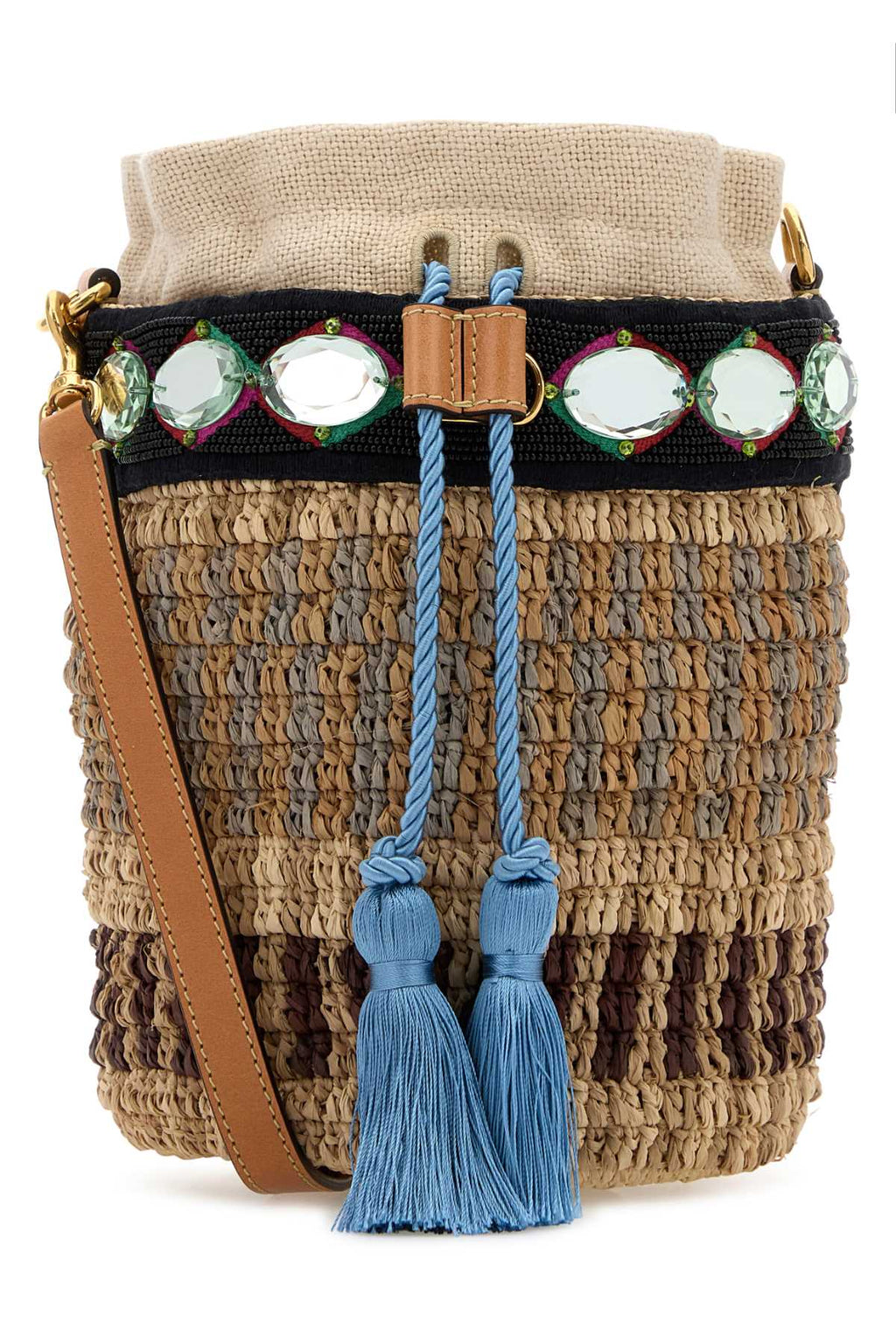 Valentino Garavani Women Embroidered Raffia Vlogo Signature Bucket Bag