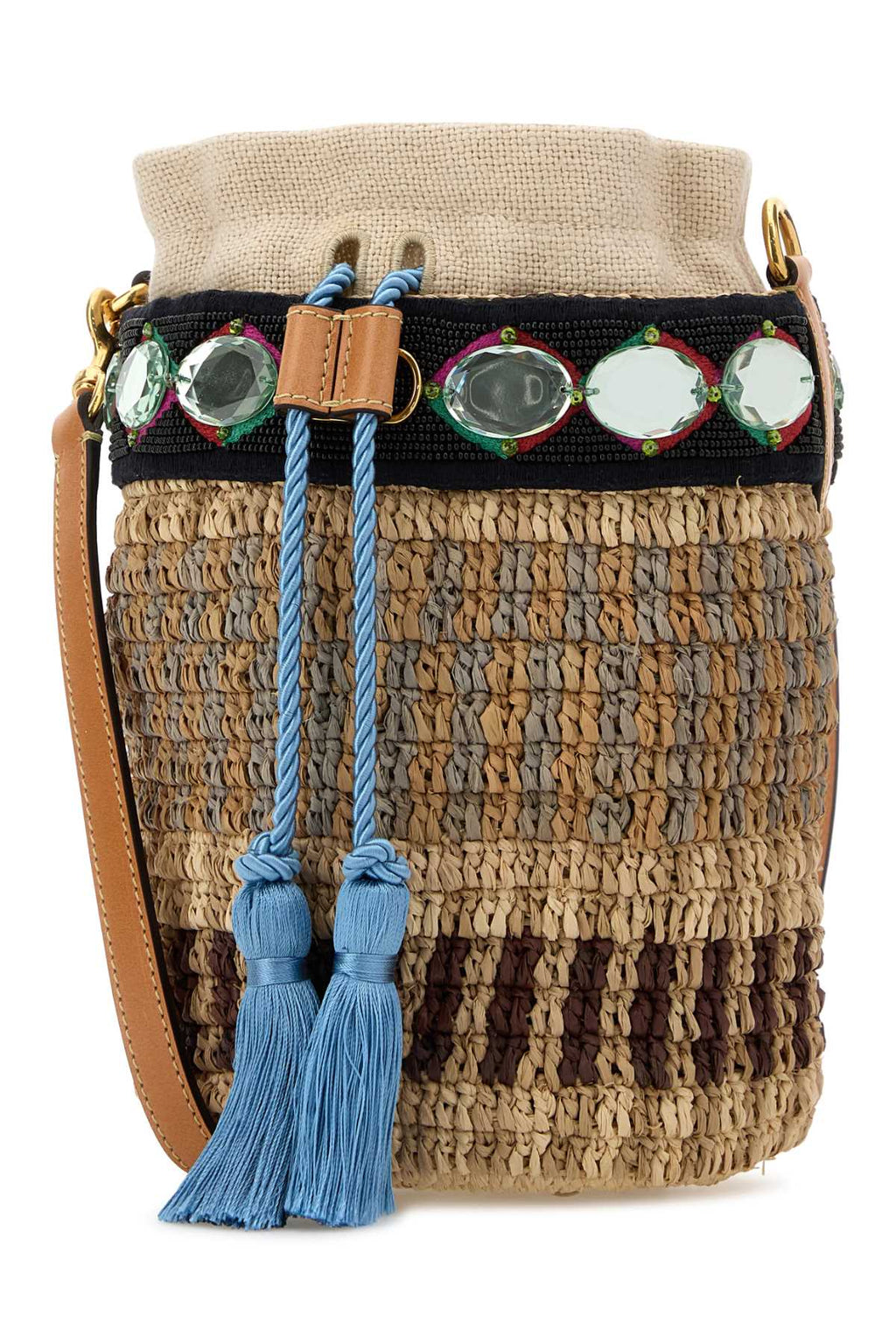 Valentino Garavani Women Embroidered Raffia Vlogo Signature Bucket Bag