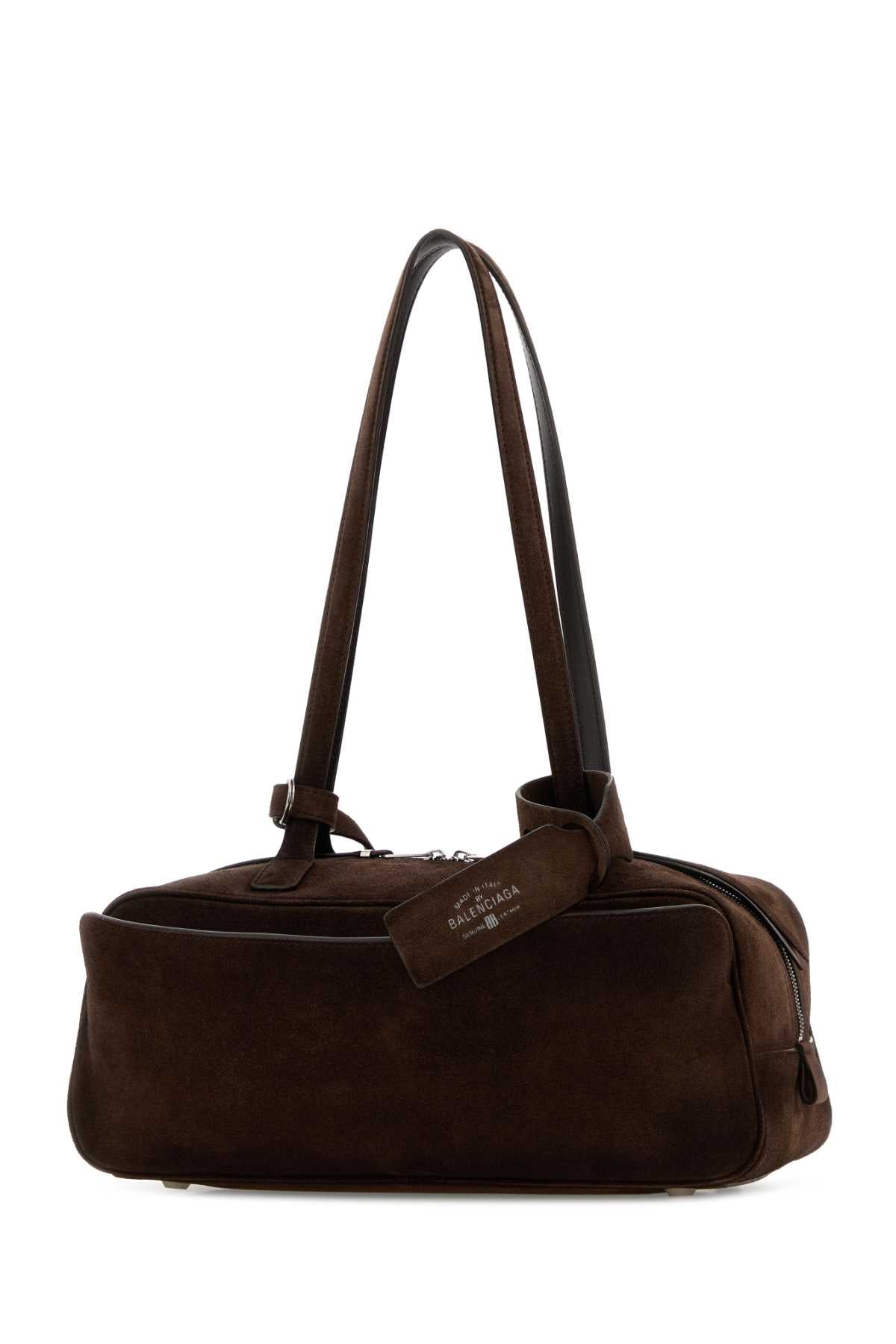 Balenciaga Women Dark Brown Suede Small Carrie Shoulder Bag