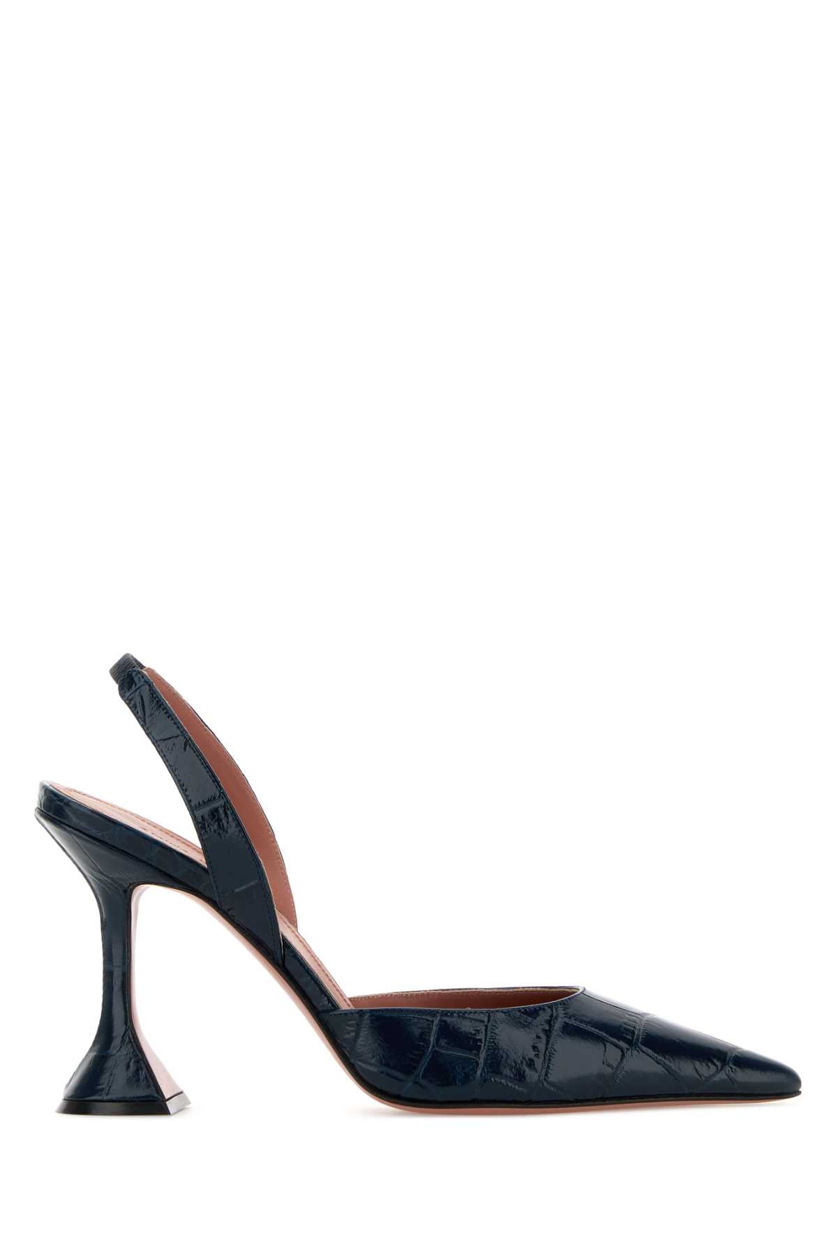 Amina Muaddi Women Navy Blue Leather Holli Sling Pumps