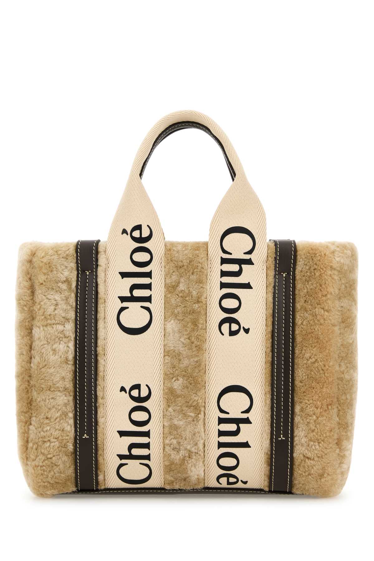 Chloe Women Beige Shearling Small Woody Shopping Bag