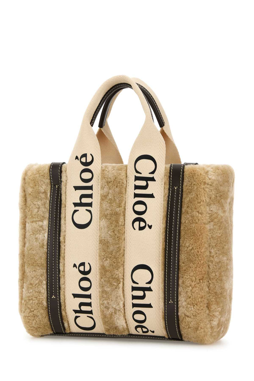 Chloe Women Beige Shearling Small Woody Shopping Bag