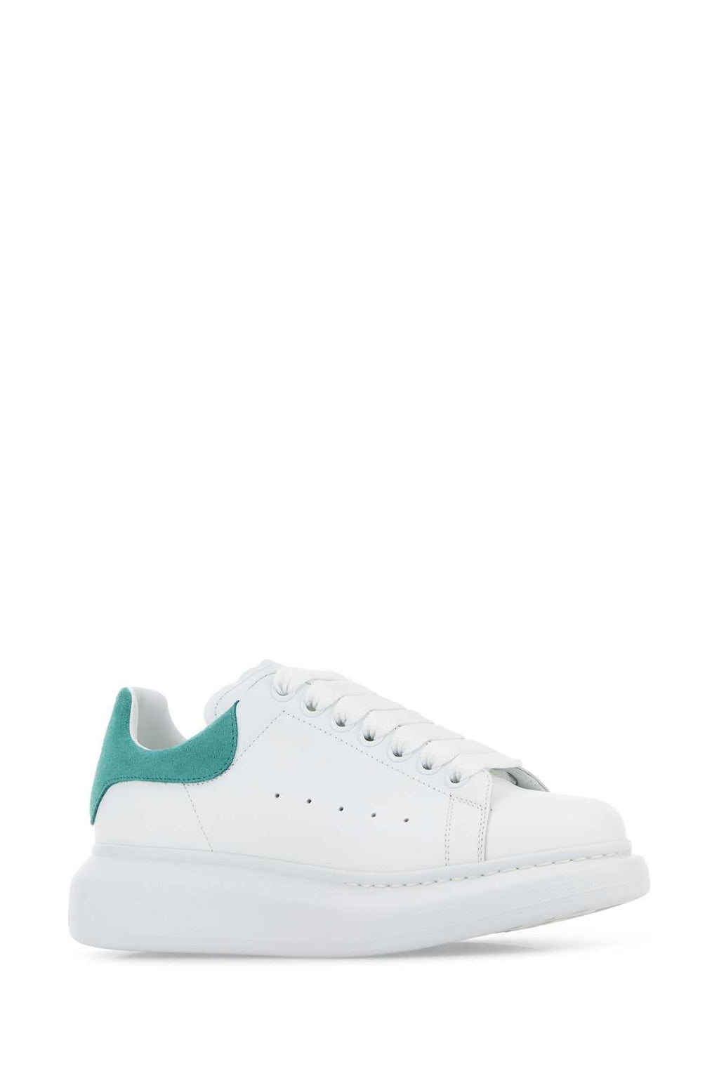 Alexander Mcqueen Women White Leather Sneakers With Sea Green Suede Heel