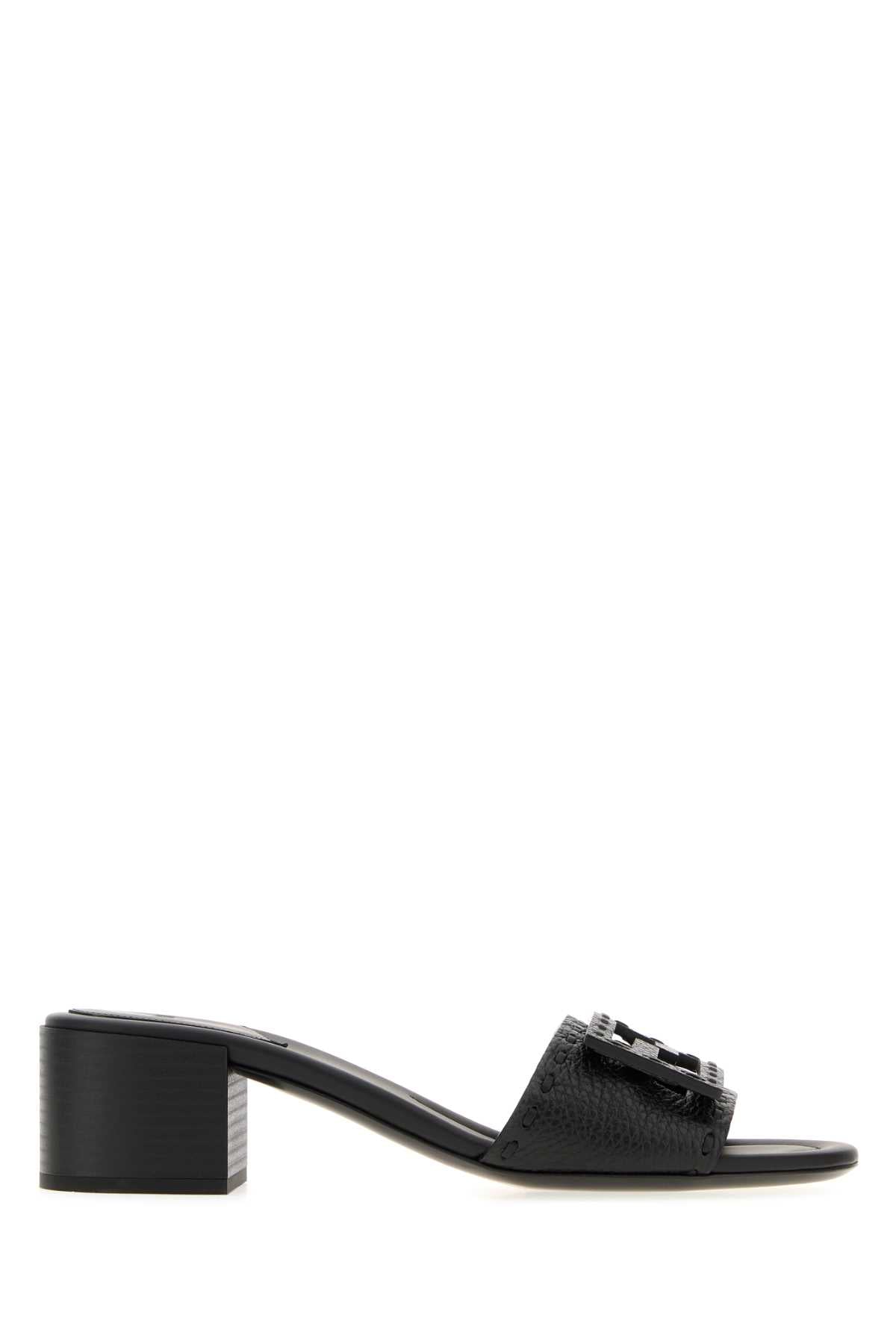 Fendi Women Black Leather Baguette Mules