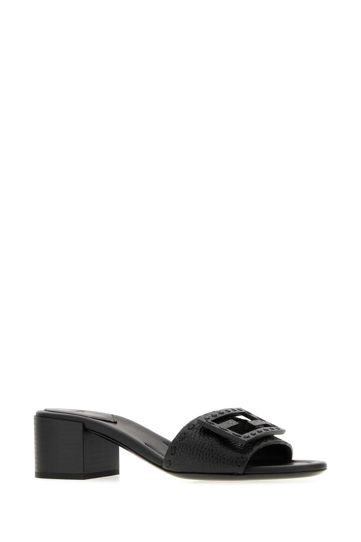 Fendi Women Black Leather Baguette Mules