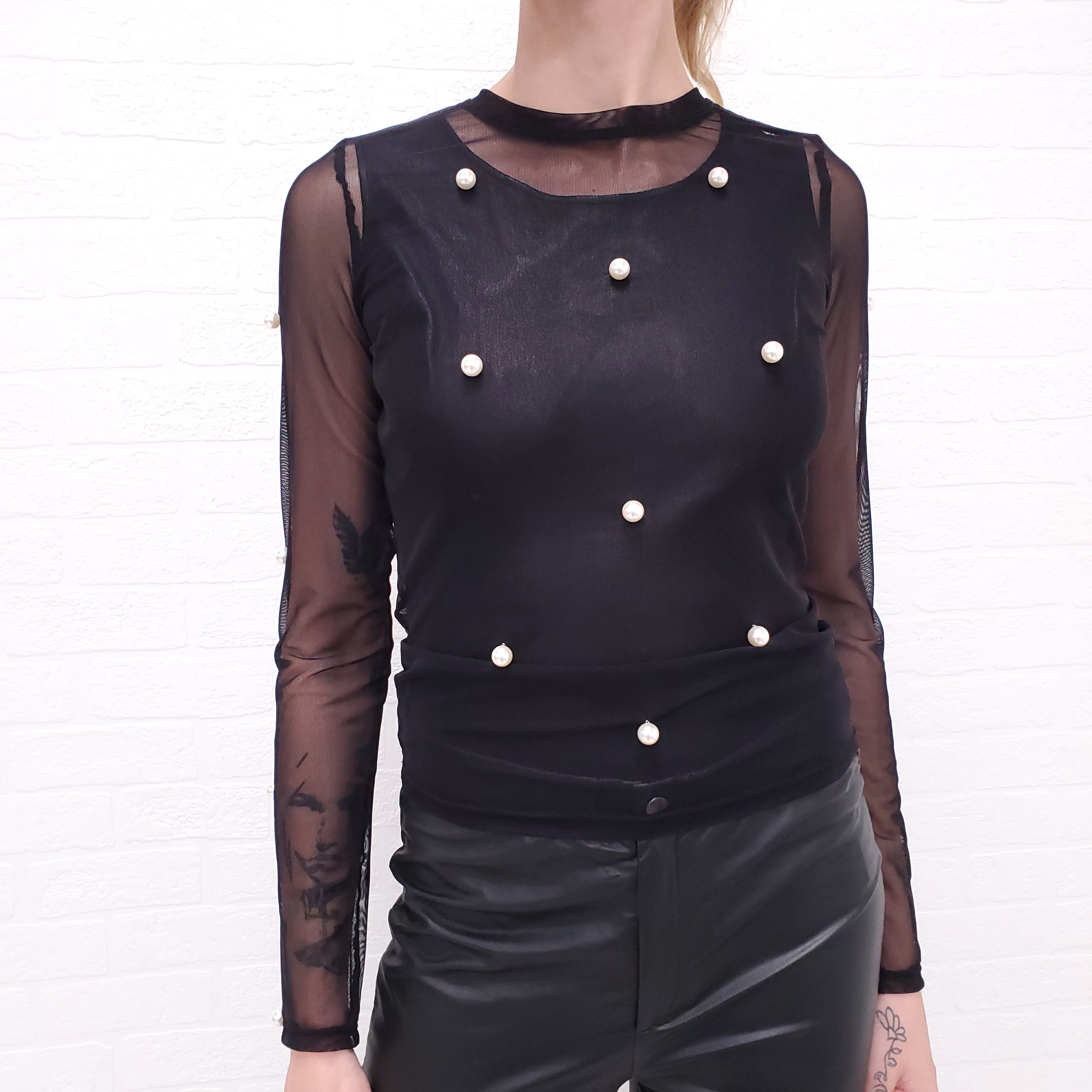 SID NEIGUM STRETCH MESH PEARL EMBELLISHED TOP - SIZE XS