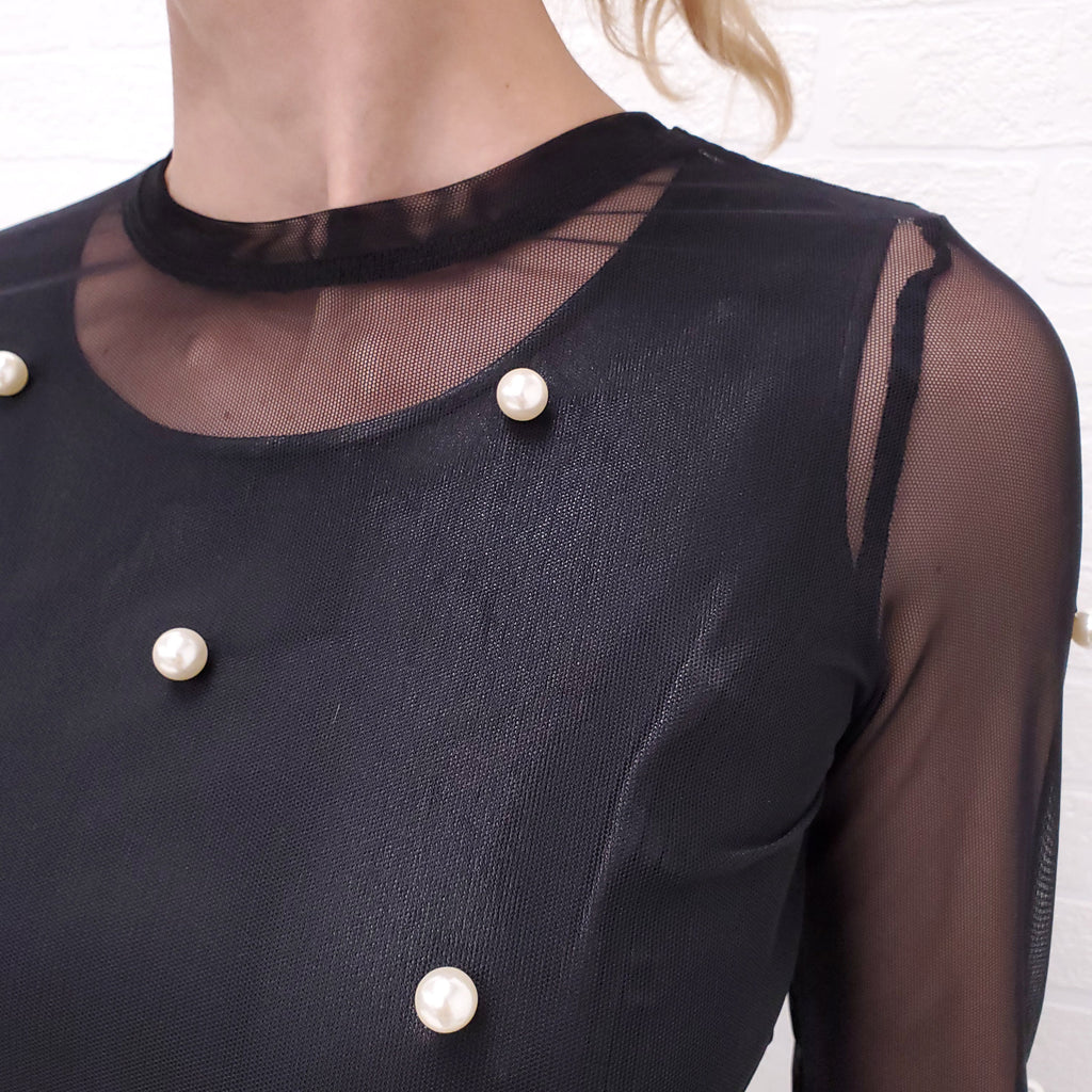 SID NEIGUM STRETCH MESH PEARL EMBELLISHED TOP - SIZE XS