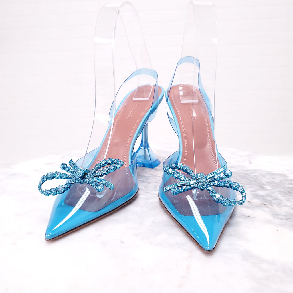 AMINA MUADDI BLUE PVC ROSIE GLASS HEELS WITH CRYSTAL BOW - SIZE 38