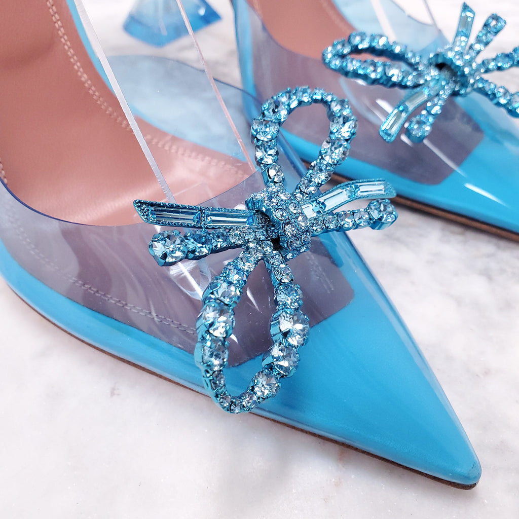 AMINA MUADDI BLUE PVC ROSIE GLASS HEELS WITH CRYSTAL BOW - SIZE 38
