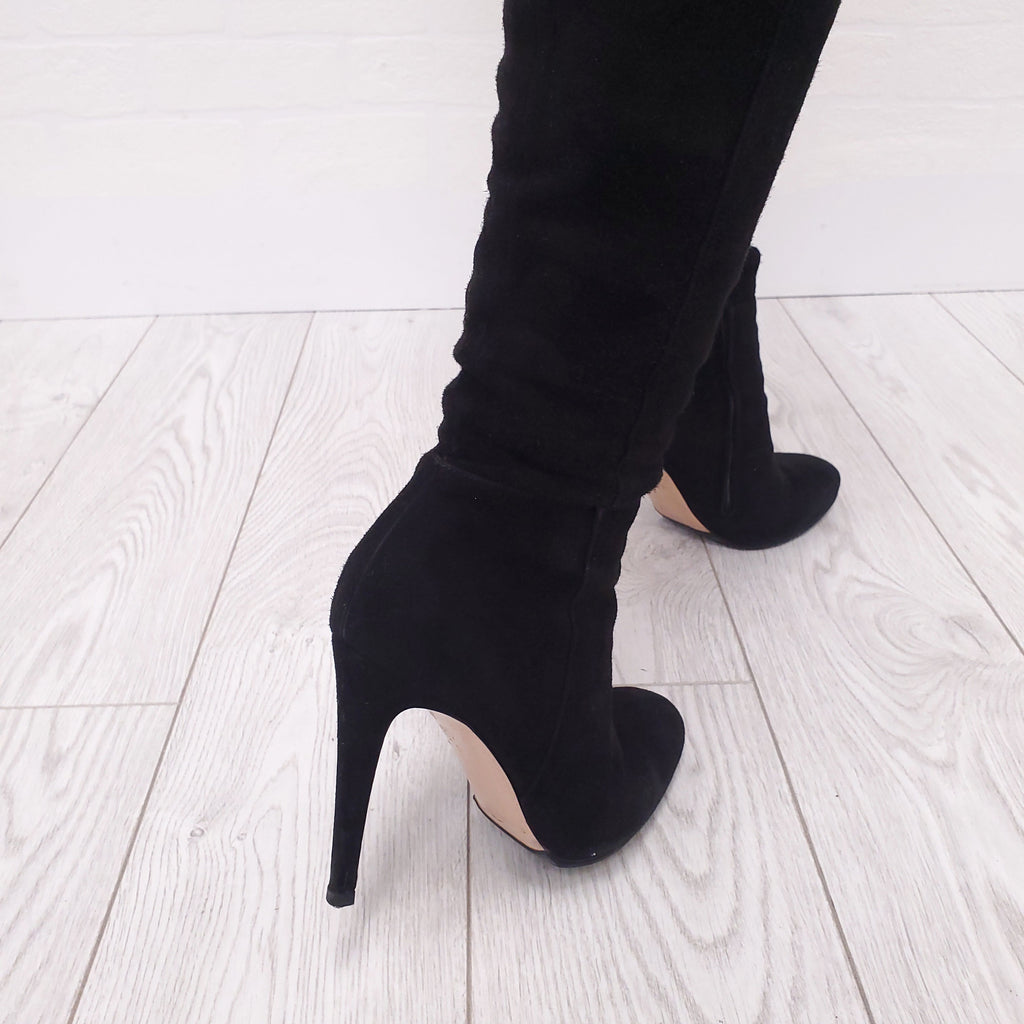 GIANVITO ROSSI BLACK SUEDE FOLDED KNEE HIGH BOOT - SIZE 38