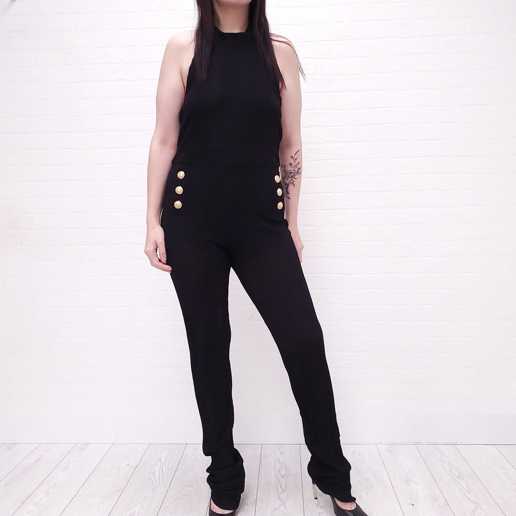 BALMAIN BLACK RIBBED JUMPSUIT WITH GOLD LOGO BUTTONS - SIZE 44