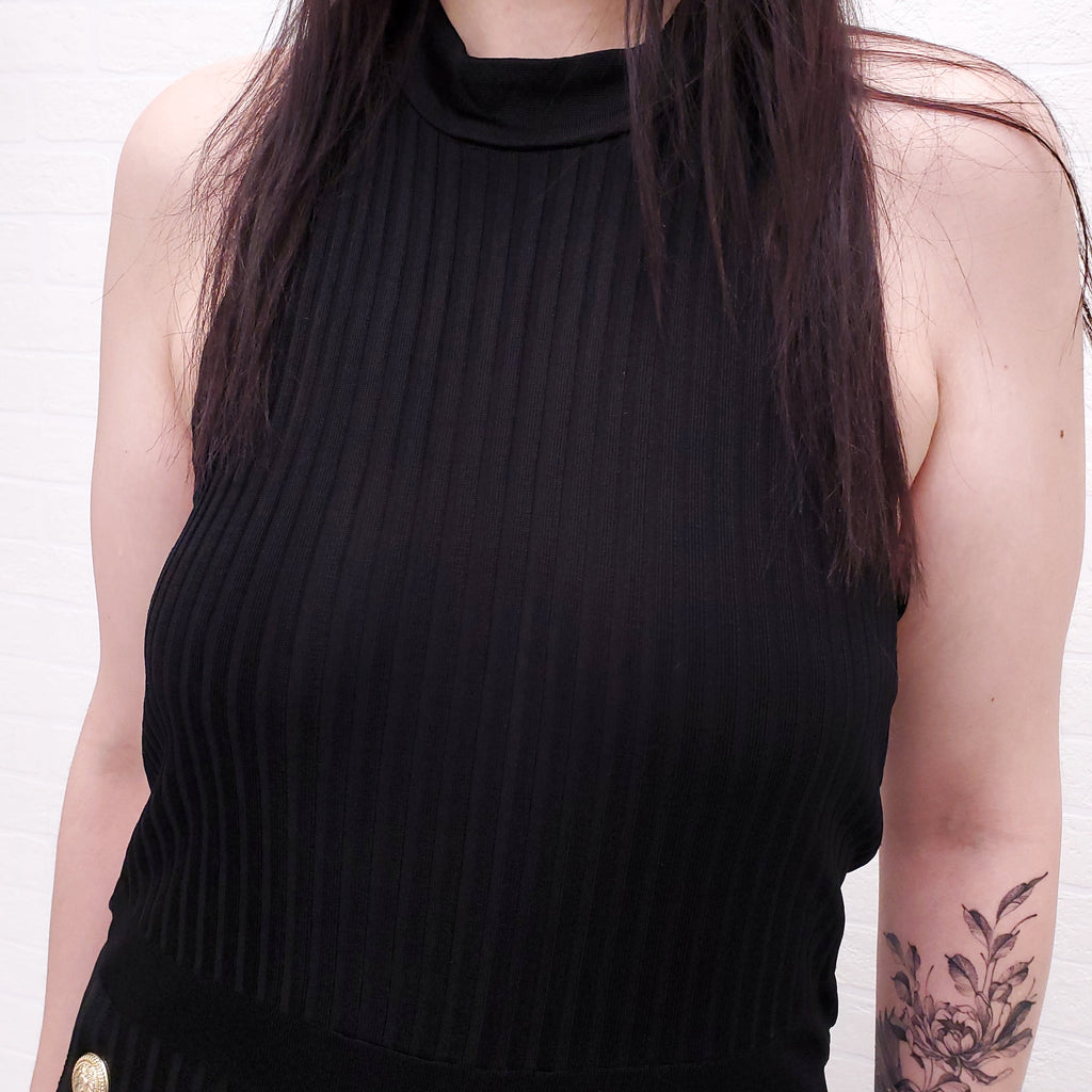 BALMAIN BLACK RIBBED JUMPSUIT WITH GOLD LOGO BUTTONS - SIZE 44