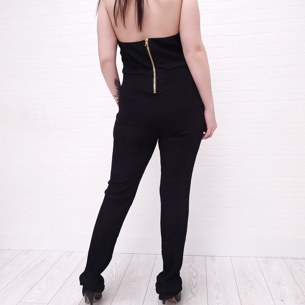 BALMAIN BLACK RIBBED JUMPSUIT WITH GOLD LOGO BUTTONS - SIZE 44