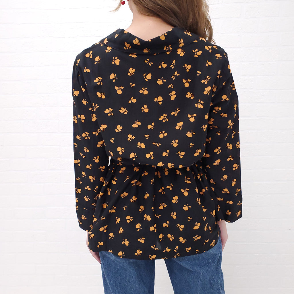 GANNI BLACK FLORAL PRINTED BLOUSE - SIZE 36