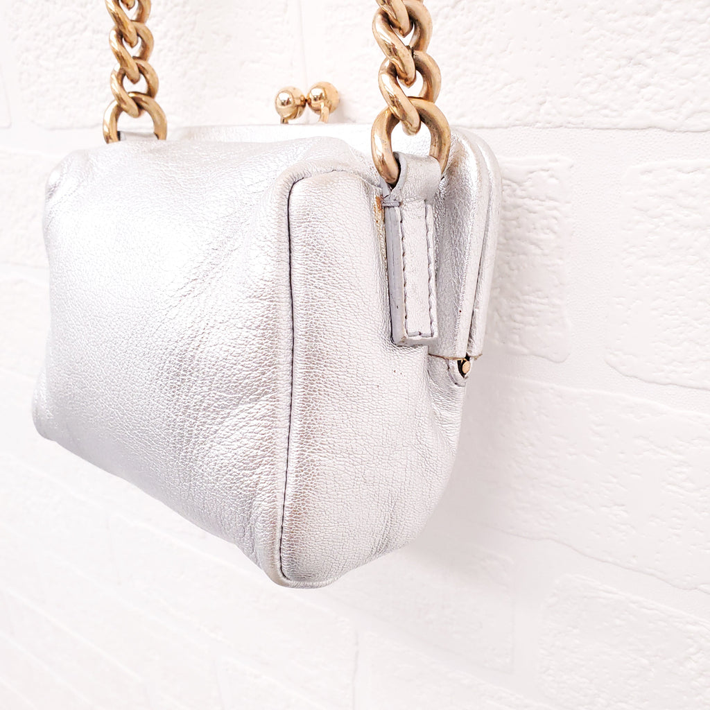 DOLCE & GABBANA SILVER LEATHER MINI PURSE WITH GOLD LOGO