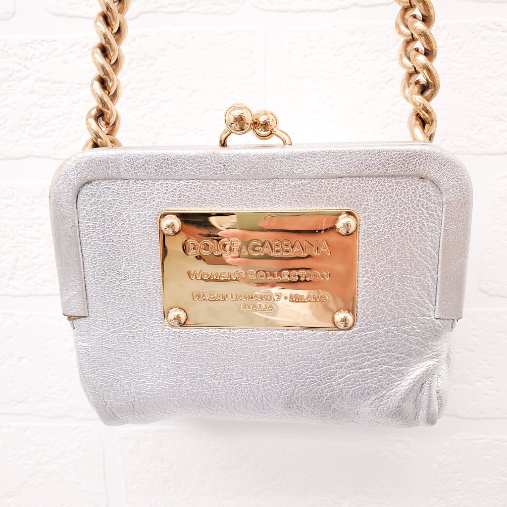 DOLCE & GABBANA SILVER LEATHER MINI PURSE WITH GOLD LOGO