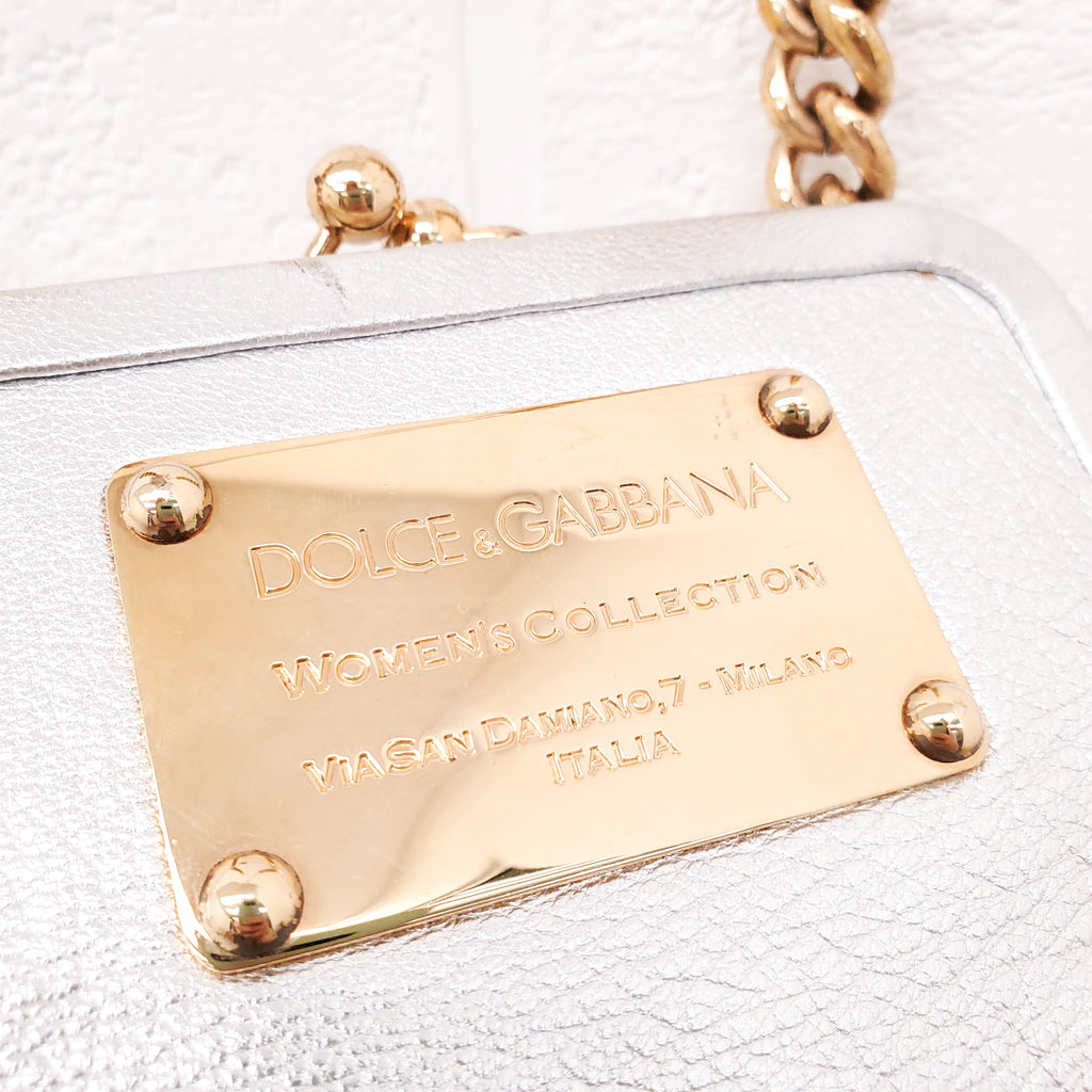 DOLCE & GABBANA SILVER LEATHER MINI PURSE WITH GOLD LOGO