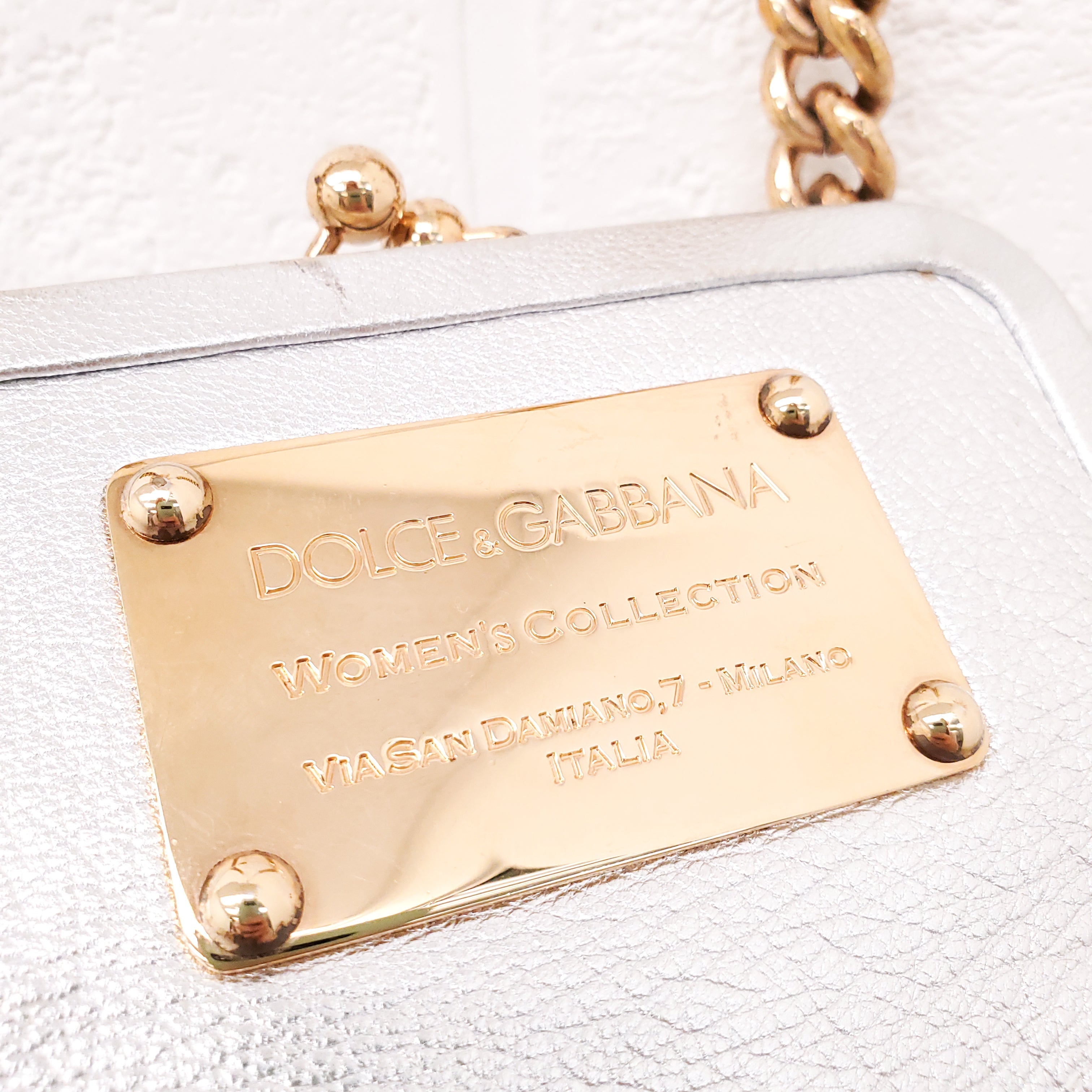 DOLCE & GABBANA SILVER LEATHER MINI PURSE WITH GOLD LOGO
