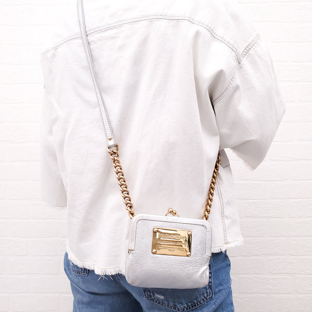 DOLCE & GABBANA SILVER LEATHER MINI PURSE WITH GOLD LOGO