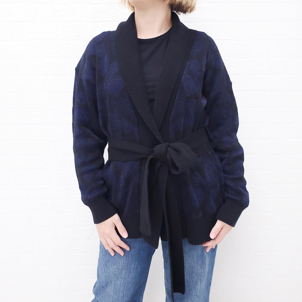 RTA BLACK AND NAVY LEOPARD WRAP CARDIGAN - SIZE M