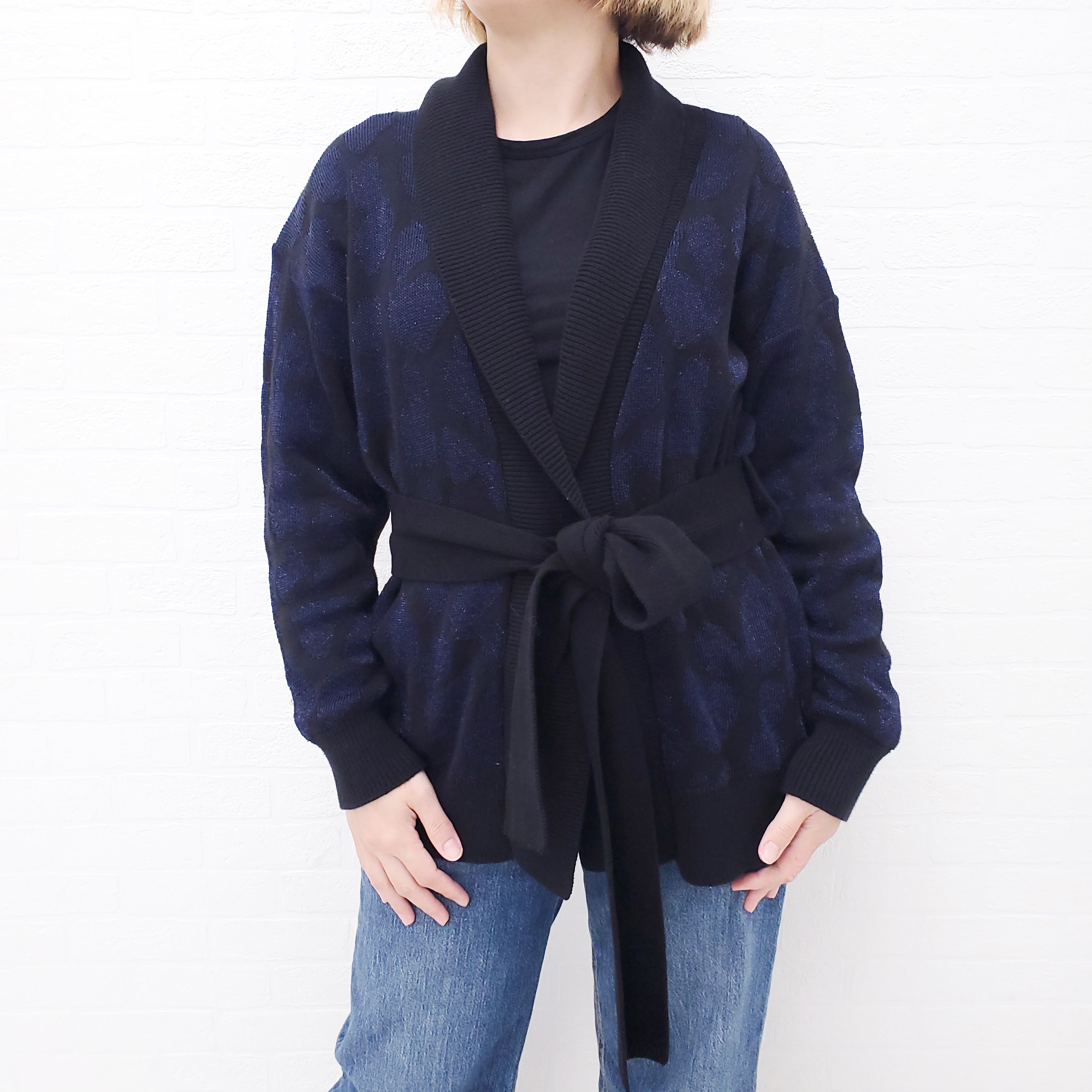 RTA BLACK AND NAVY LEOPARD WRAP CARDIGAN - SIZE M