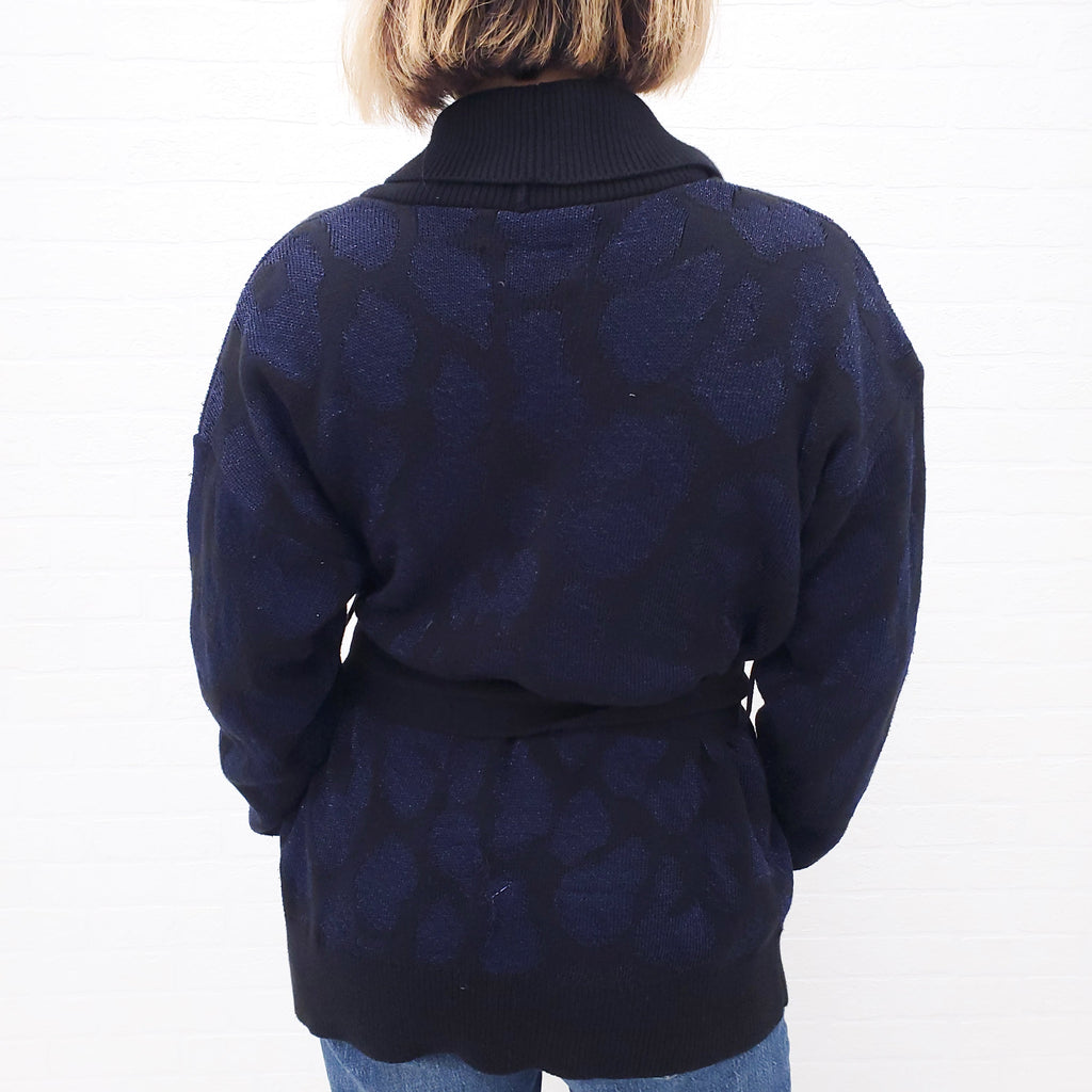 RTA BLACK AND NAVY LEOPARD WRAP CARDIGAN - SIZE M