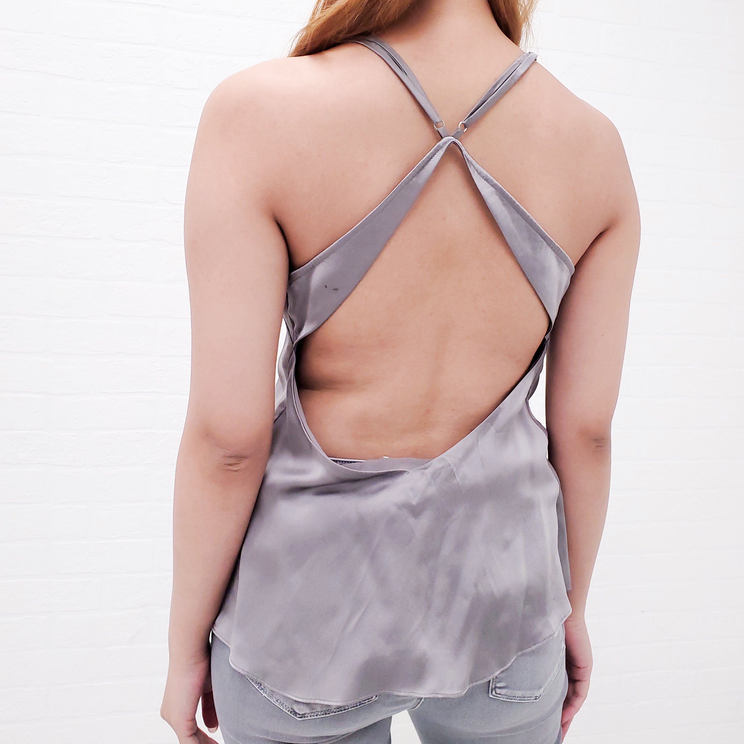 CAMI GREY SILK TANK WITH LACE - SIZE S