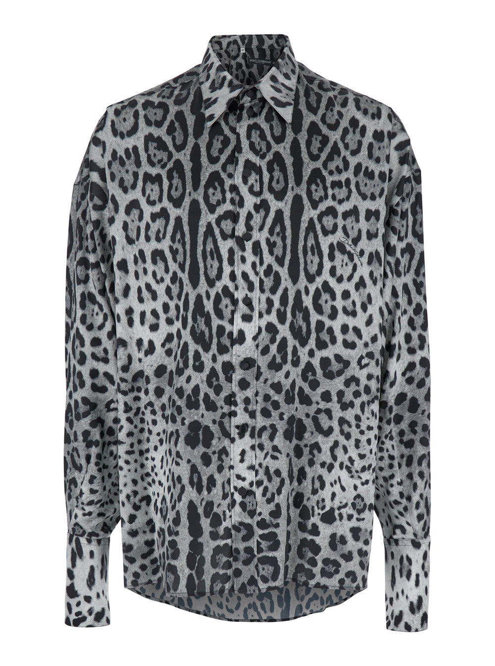 Dolce & Gabbana Men Grey Shirt With Leopard Print All-Over And Logo Lettering In Silk Man