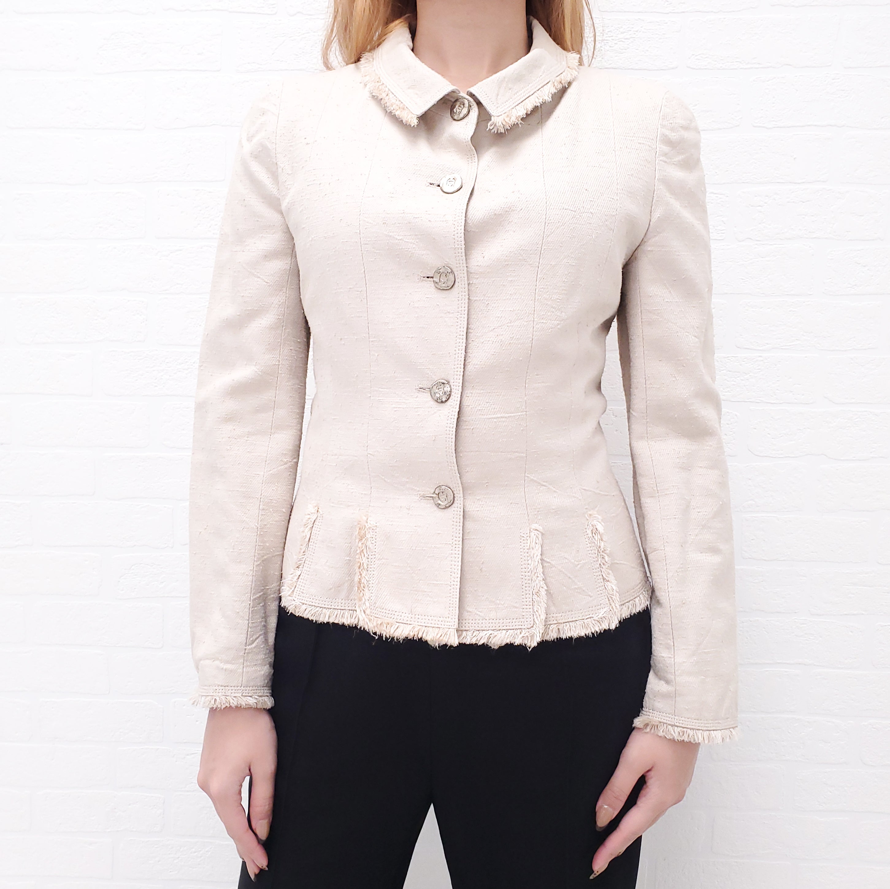 CHANEL NUDE DENIM JACKET WITH LOGO BUTTONS - SIZE 38
