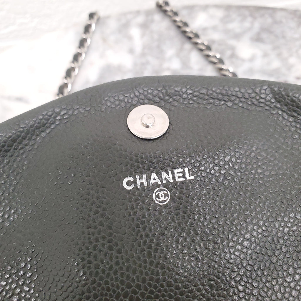 CHANEL KAKI HALF CRESCENT INTERLOCKING CC WALLET ON CHAIN