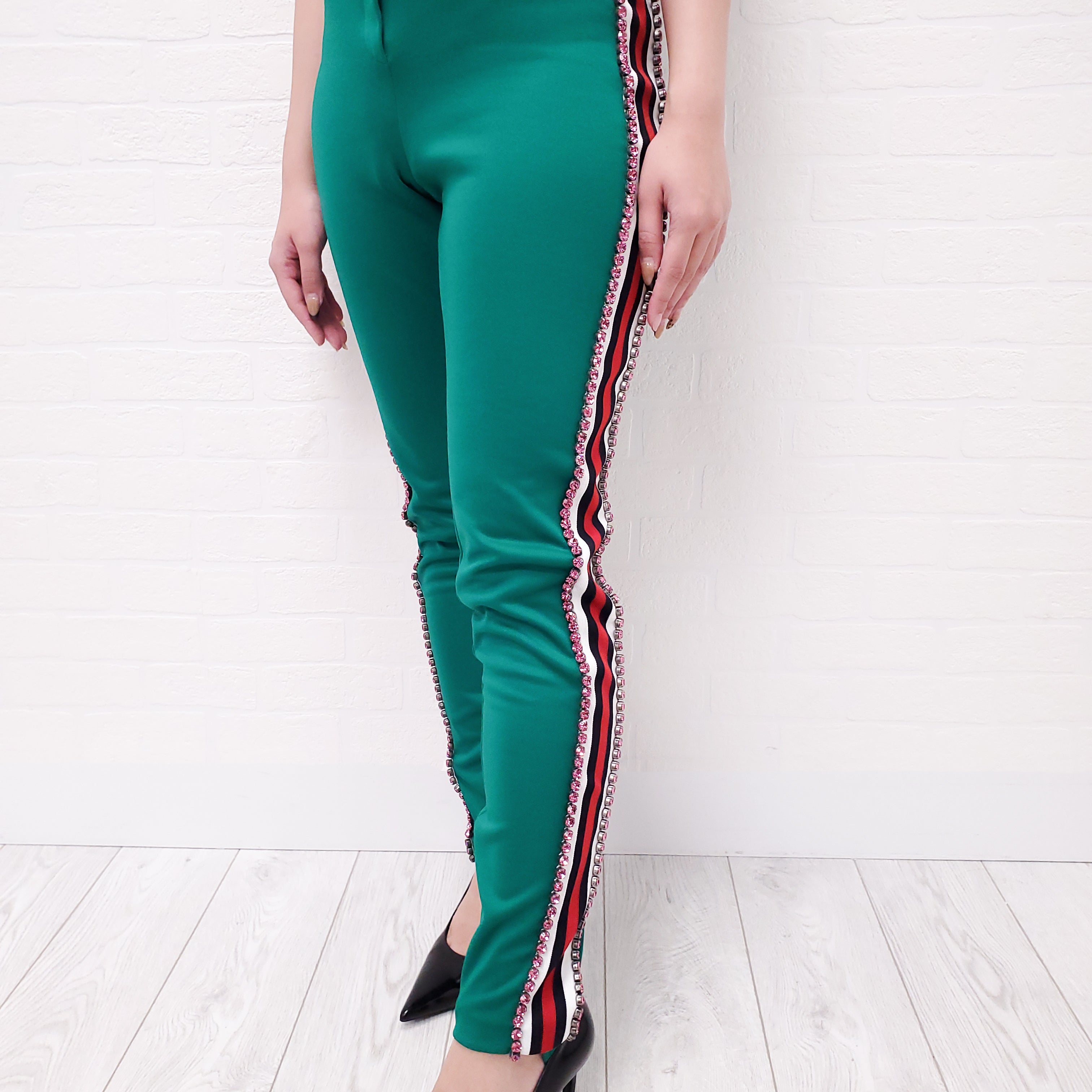 GUCCI GREEN STRIPE CRYSTAL STIR UP PANTS - SIZE M