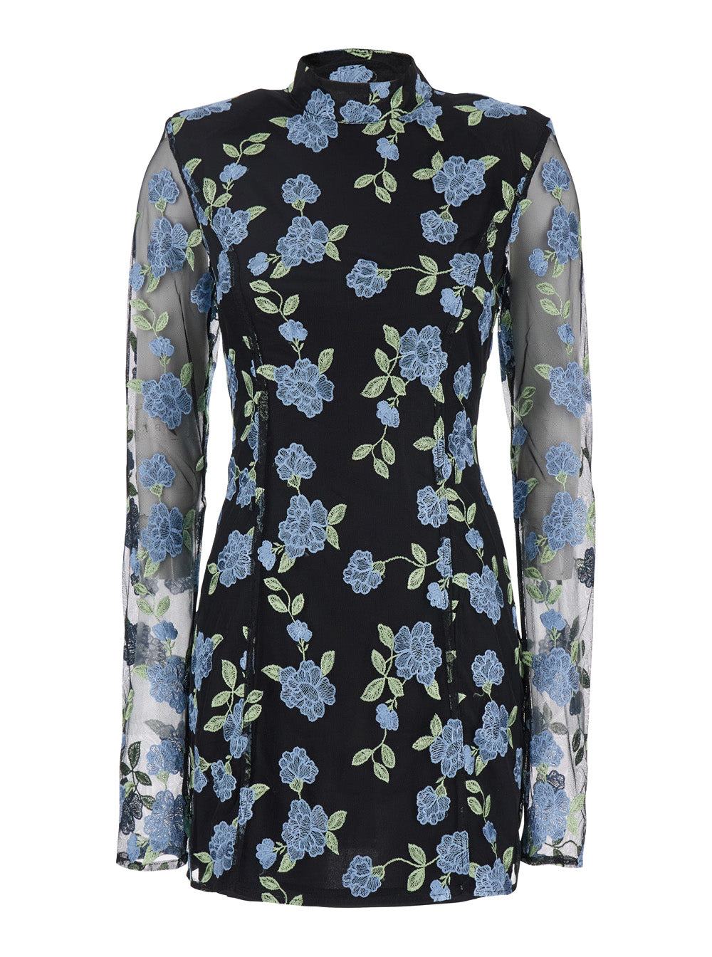 Rotate Women Black High Neck Mini Dress With Semi Sheer Sleeves And All-Over Floral Motif In Tech Fabric Woman