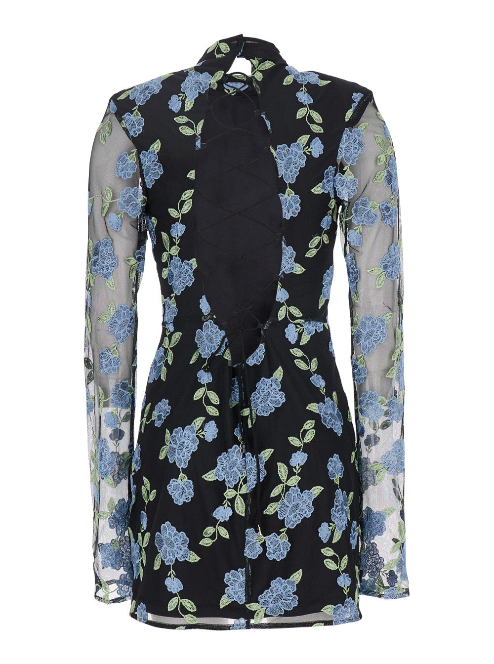Rotate Women Black High Neck Mini Dress With Semi Sheer Sleeves And All-Over Floral Motif In Tech Fabric Woman