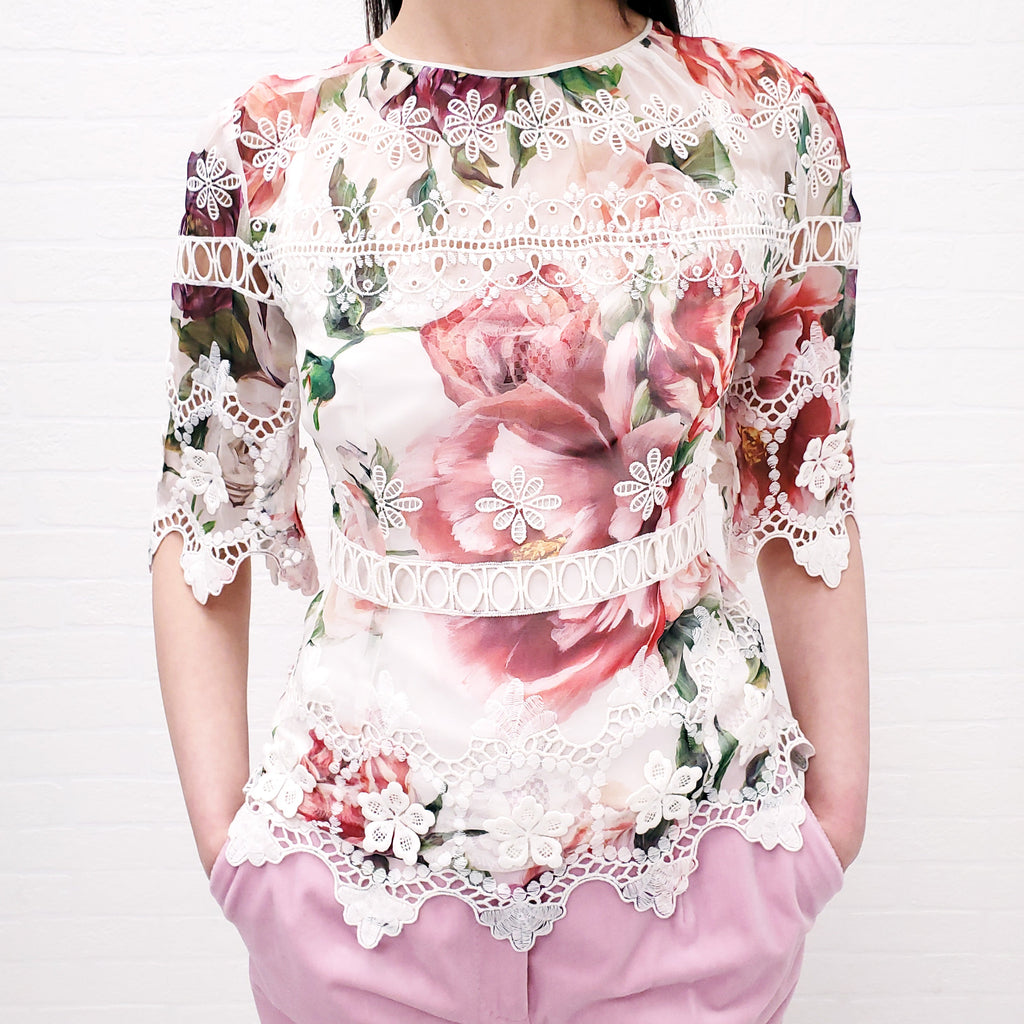 DOLCE & GABBANA SHEER FLORAL EYELET BLOUSE - SIZE 38