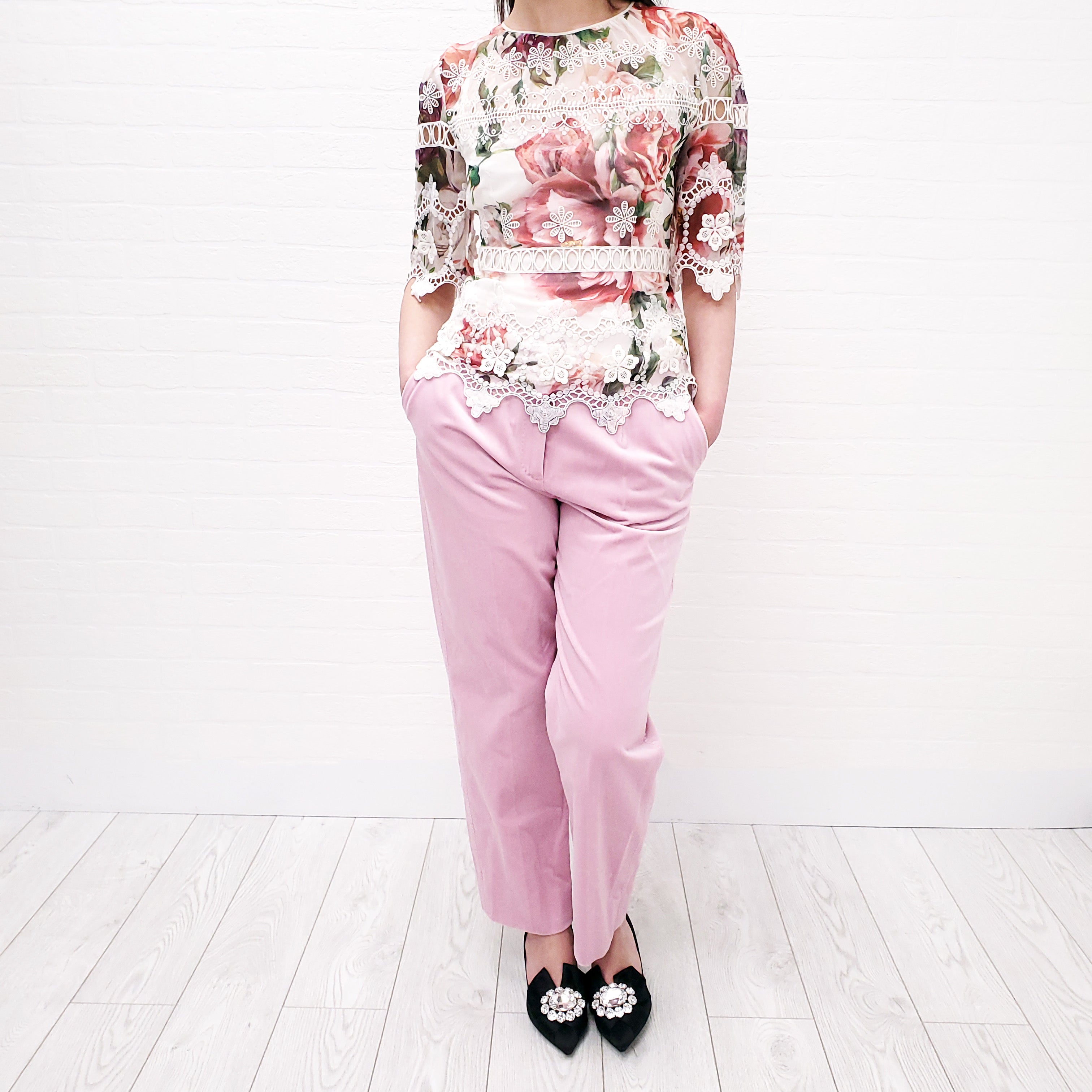DOLCE & GABBANA SHEER FLORAL EYELET BLOUSE - SIZE 38