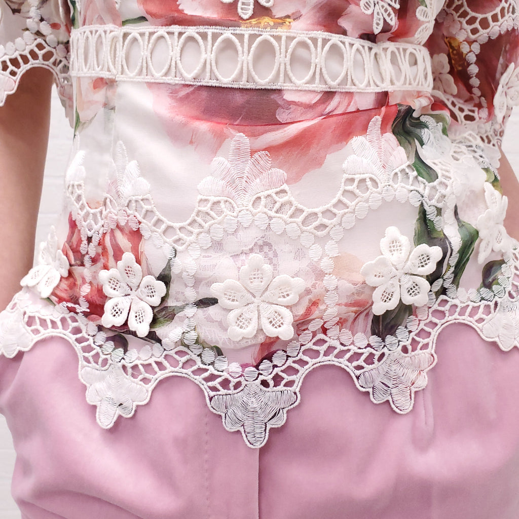 DOLCE & GABBANA SHEER FLORAL EYELET BLOUSE - SIZE 38