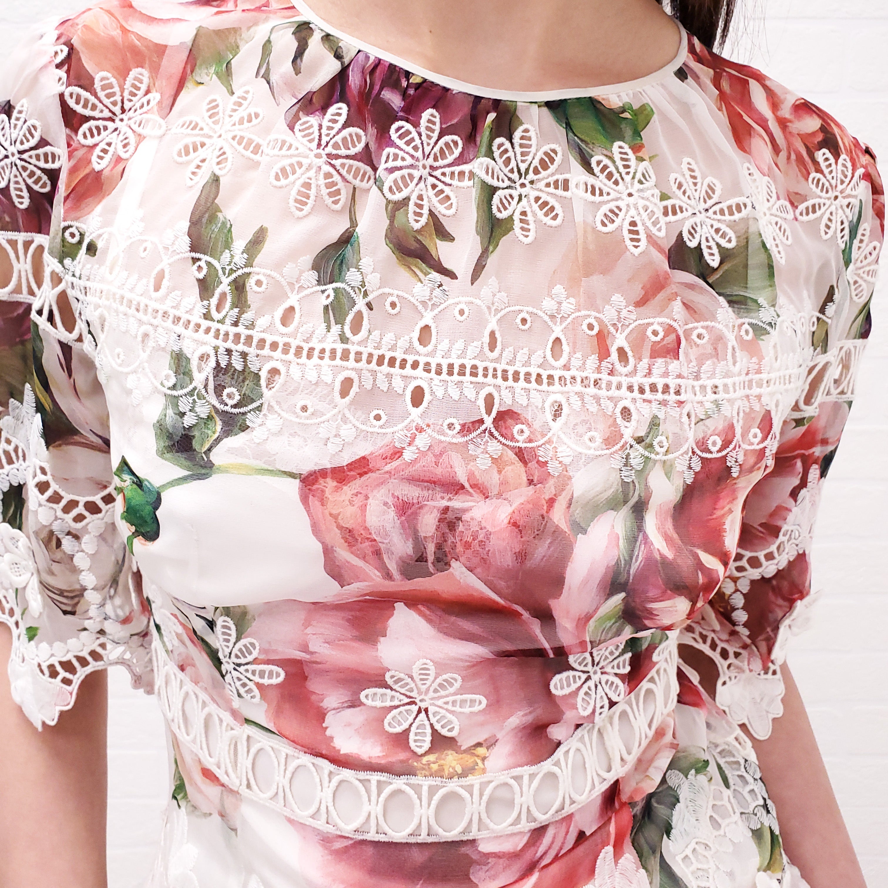 DOLCE & GABBANA SHEER FLORAL EYELET BLOUSE - SIZE 38