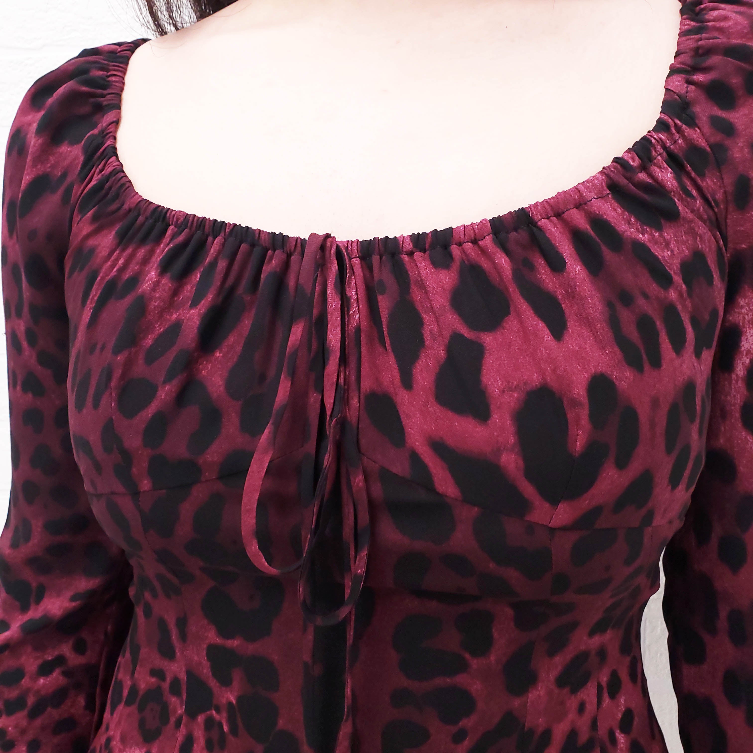 DOLCE & GABBANA BURGUNDY LEOPARD BLOUSE WITH TIE - SIZE 40