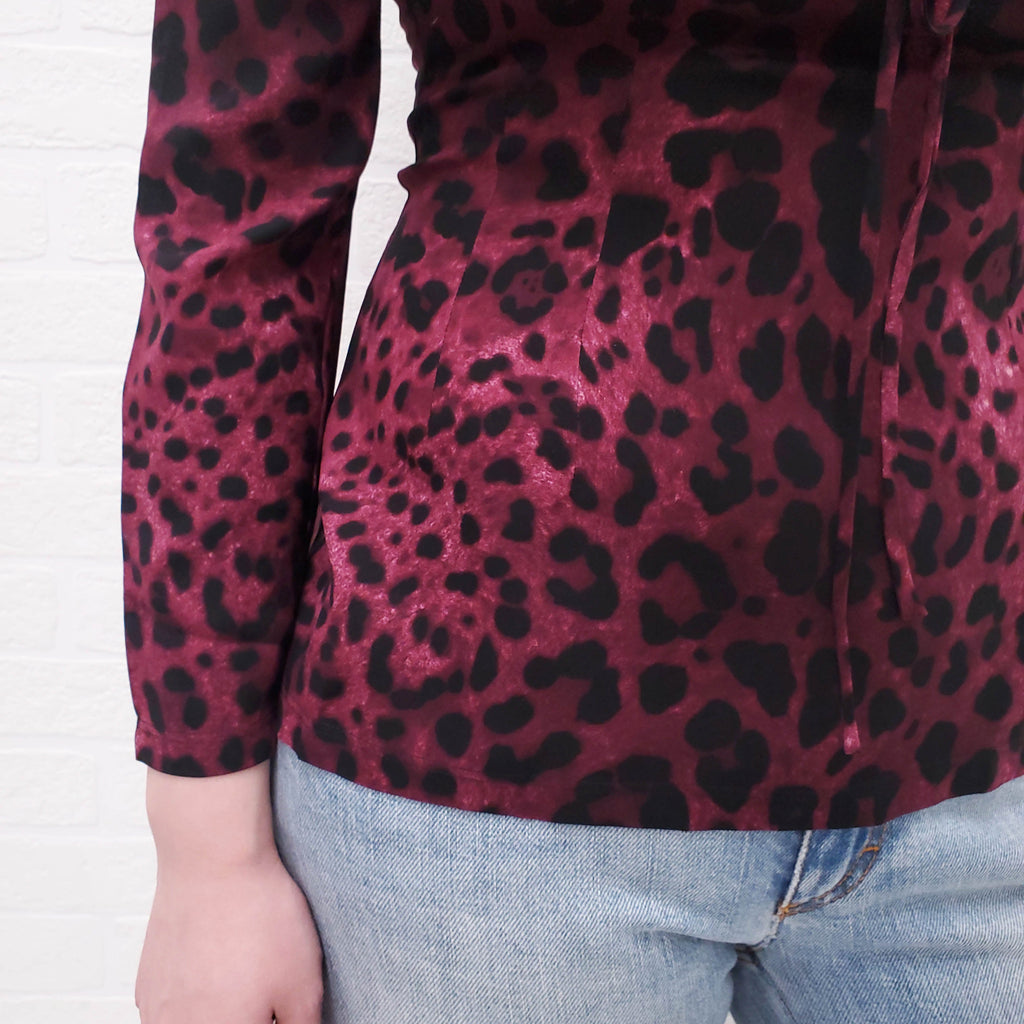 DOLCE & GABBANA BURGUNDY LEOPARD BLOUSE WITH TIE - SIZE 40